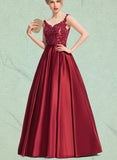 Ursula Ball-Gown/Princess Scoop Illusion Floor-Length Lace Satin Evening Dress With Sequins UKP0021206