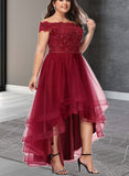 Laylah A-line Off the Shoulder Asymmetrical Lace Tulle Prom Dresses With Beading Bow Sequins UKP0021209