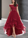 Laylah A-line Off the Shoulder Asymmetrical Lace Tulle Prom Dresses With Beading Bow Sequins UKP0021209