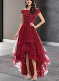 Laylah A-line Off the Shoulder Asymmetrical Lace Tulle Prom Dresses With Beading Bow Sequins UKP0021209