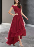 Laylah A-line Off the Shoulder Asymmetrical Lace Tulle Prom Dresses With Beading Bow Sequins UKP0021209