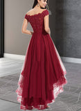 Laylah A-line Off the Shoulder Asymmetrical Lace Tulle Prom Dresses With Beading Bow Sequins UKP0021209