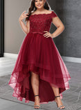 Laylah A-line Off the Shoulder Asymmetrical Lace Tulle Prom Dresses With Beading Bow Sequins UKP0021209