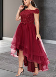 Laylah A-line Off the Shoulder Asymmetrical Lace Tulle Prom Dresses With Beading Bow Sequins UKP0021209