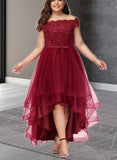 Laylah A-line Off the Shoulder Asymmetrical Lace Tulle Prom Dresses With Beading Bow Sequins UKP0021209