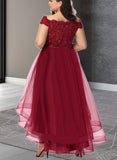 Laylah A-line Off the Shoulder Asymmetrical Lace Tulle Prom Dresses With Beading Bow Sequins UKP0021209