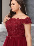 Laylah A-line Off the Shoulder Asymmetrical Lace Tulle Prom Dresses With Beading Bow Sequins UKP0021209