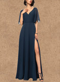 Paulina A-line V-Neck Floor-Length Chiffon Evening Dress UKP0021210