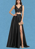 Gertie A-line V-Neck Floor-Length Lace Satin Prom Dresses UKP0021213