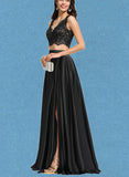 Gertie A-line V-Neck Floor-Length Lace Satin Prom Dresses UKP0021213