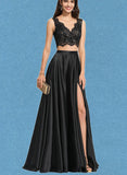 Gertie A-line V-Neck Floor-Length Lace Satin Prom Dresses UKP0021213