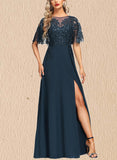 Jimena A-line Scoop Illusion Floor-Length Chiffon Lace Evening Dress With Sequins UKP0021216