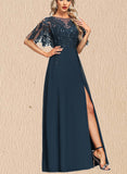 Jimena A-line Scoop Illusion Floor-Length Chiffon Lace Evening Dress With Sequins UKP0021216