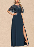 Jimena A-line Scoop Illusion Floor-Length Chiffon Lace Evening Dress With Sequins UKP0021216