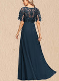 Jimena A-line Scoop Illusion Floor-Length Chiffon Lace Evening Dress With Sequins UKP0021216