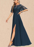 Jimena A-line Scoop Illusion Floor-Length Chiffon Lace Evening Dress With Sequins UKP0021216