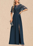 Jimena A-line Scoop Illusion Floor-Length Chiffon Lace Evening Dress With Sequins UKP0021216