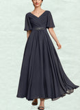 Tamia A-line V-Neck Ankle-Length Chiffon Evening Dress With Beading Pleated Sequins UKP0021219