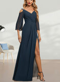 Susanna Sheath/Column Cold Shoulder V-Neck Floor-Length Chiffon Evening Dress With Beading Pleated UKP0021221