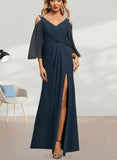 Susanna Sheath/Column Cold Shoulder V-Neck Floor-Length Chiffon Evening Dress With Beading Pleated UKP0021221