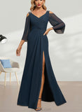 Susanna Sheath/Column Cold Shoulder V-Neck Floor-Length Chiffon Evening Dress With Beading Pleated UKP0021221