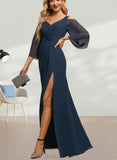 Susanna Sheath/Column Cold Shoulder V-Neck Floor-Length Chiffon Evening Dress With Beading Pleated UKP0021221