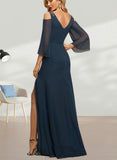 Susanna Sheath/Column Cold Shoulder V-Neck Floor-Length Chiffon Evening Dress With Beading Pleated UKP0021221