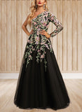 Kira A-line One Shoulder Floor-Length Lace Tulle Evening Dress UKP0021222