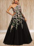 Kira A-line One Shoulder Floor-Length Lace Tulle Evening Dress UKP0021222