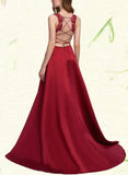 Jordin Ball-Gown/Princess V-Neck Sweep Train Lace Satin Prom Dresses With Sequins UKP0021227