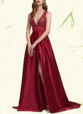 Jordin Ball-Gown/Princess V-Neck Sweep Train Lace Satin Prom Dresses With Sequins UKP0021227