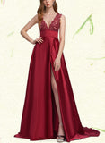 Jordin Ball-Gown/Princess V-Neck Sweep Train Lace Satin Prom Dresses With Sequins UKP0021227