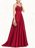 Ayanna Ball-Gown/Princess V-Neck Sweep Train Lace Satin Prom Dresses With Beading Sequins UKP0021229