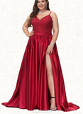 Ayanna Ball-Gown/Princess V-Neck Sweep Train Lace Satin Prom Dresses With Beading Sequins UKP0021229