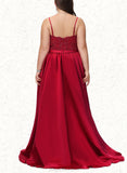 Ayanna Ball-Gown/Princess V-Neck Sweep Train Lace Satin Prom Dresses With Beading Sequins UKP0021229