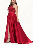 Ayanna Ball-Gown/Princess V-Neck Sweep Train Lace Satin Prom Dresses With Beading Sequins UKP0021229