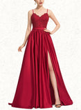 Ayanna Ball-Gown/Princess V-Neck Sweep Train Lace Satin Prom Dresses With Beading Sequins UKP0021229