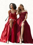 Ayanna Ball-Gown/Princess V-Neck Sweep Train Lace Satin Prom Dresses With Beading Sequins UKP0021229