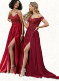 Ayanna Ball-Gown/Princess V-Neck Sweep Train Lace Satin Prom Dresses With Beading Sequins UKP0021229