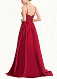 Ayanna Ball-Gown/Princess V-Neck Sweep Train Lace Satin Prom Dresses With Beading Sequins UKP0021229