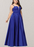 Jeanie Ball-Gown/Princess V-Neck Floor-Length Lace Satin Prom Dresses With Sequins UKP0021230