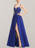 Jeanie Ball-Gown/Princess V-Neck Floor-Length Lace Satin Prom Dresses With Sequins UKP0021230