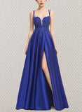 Jeanie Ball-Gown/Princess V-Neck Floor-Length Lace Satin Prom Dresses With Sequins UKP0021230