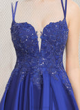 Jeanie Ball-Gown/Princess V-Neck Floor-Length Lace Satin Prom Dresses With Sequins UKP0021230