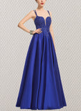 Jeanie Ball-Gown/Princess V-Neck Floor-Length Lace Satin Prom Dresses With Sequins UKP0021230