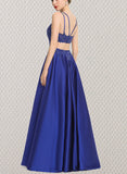 Jeanie Ball-Gown/Princess V-Neck Floor-Length Lace Satin Prom Dresses With Sequins UKP0021230