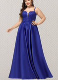 Jeanie Ball-Gown/Princess V-Neck Floor-Length Lace Satin Prom Dresses With Sequins UKP0021230