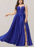 Jeanie Ball-Gown/Princess V-Neck Floor-Length Lace Satin Prom Dresses With Sequins UKP0021230