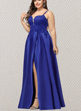 Jeanie Ball-Gown/Princess V-Neck Floor-Length Lace Satin Prom Dresses With Sequins UKP0021230