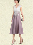 Ariana A-line V-Neck Tea-Length Chiffon Lace Cocktail Dress With Sequins UKP0021232